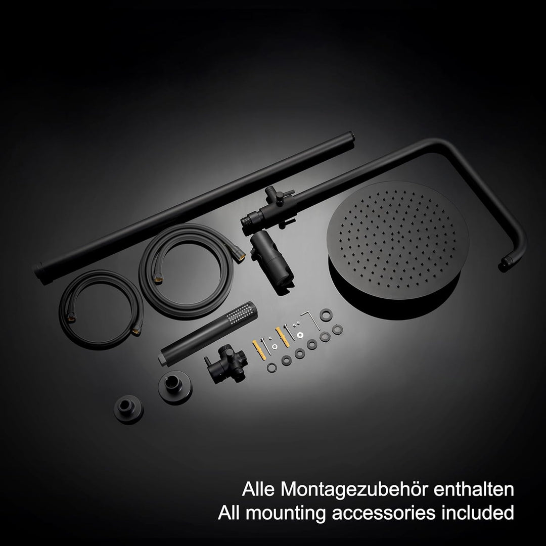 JOHO 304 Edelstahl Duschsystem ohne Armatur, Matt Schwarz Regendusche Duschset mit Wandhalterung, Du