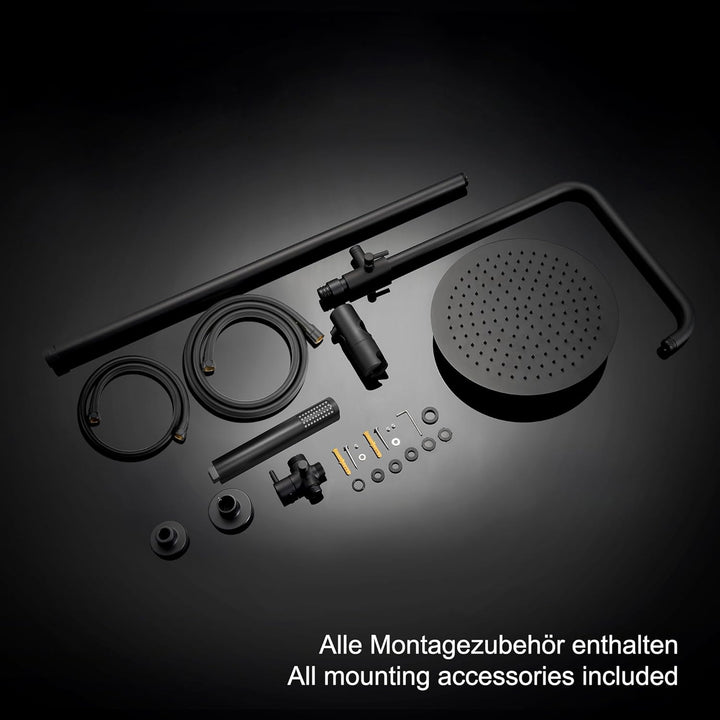 JOHO 304 Edelstahl Duschsystem ohne Armatur, Matt Schwarz Regendusche Duschset mit Wandhalterung, Du