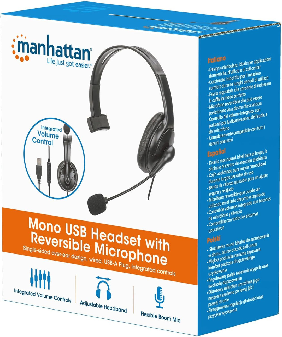 Manhattan Mono USB-Headset Links/rechts tragbar 2m Kabel, Schwarz