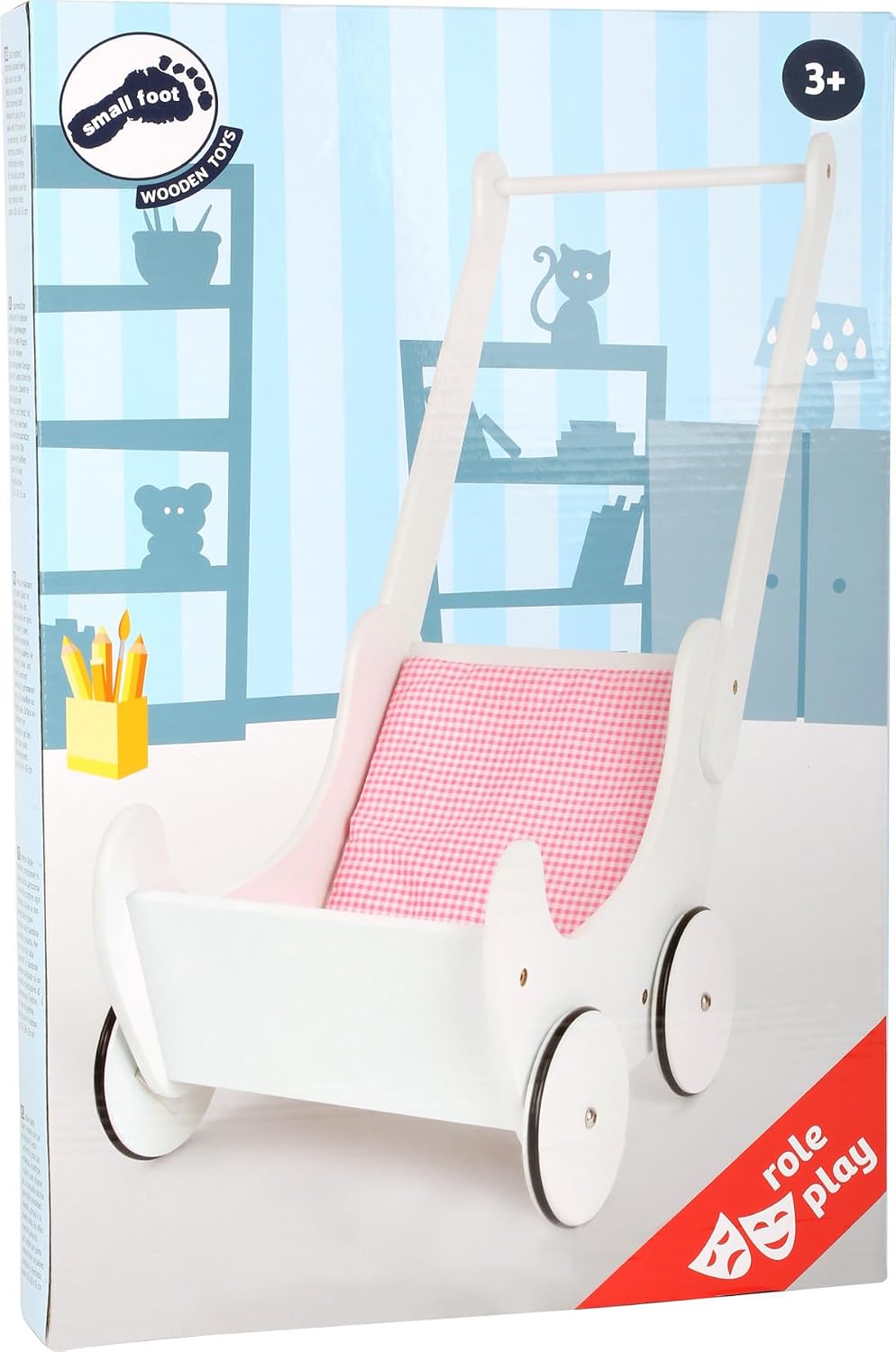 small foot 2020368 2864 Holzpuppenwagen in weiss, schönes, geschwungenes , mit Gummireifen für leise