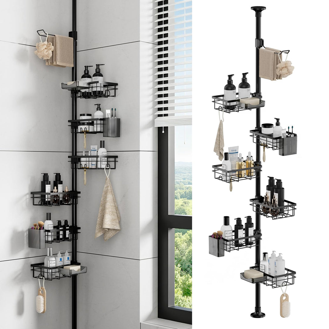 EXLECO Teleskop Duschregal mit 6 Duschkorb, Ohne Bohren, 78-308cm, Schwarz | Teleskopregal Bad verst