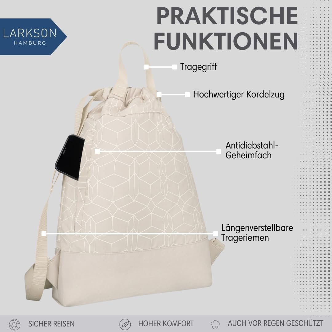 LARKSON Turnbeutel Damen &amp; Herren Beige Gemustert - No 7 - Rucksack Damen für Sport und Festival - B