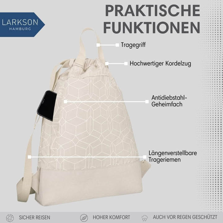 LARKSON Turnbeutel Damen &amp; Herren Beige Gemustert - No 7 - Rucksack Damen für Sport und Festival - B