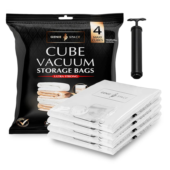 GENIE SPACE Vakuumbeutel - 4er Pack, Maxi Grösse 110x90x45cm | Starke XXL Jumbo Packwürfel | Luftdic