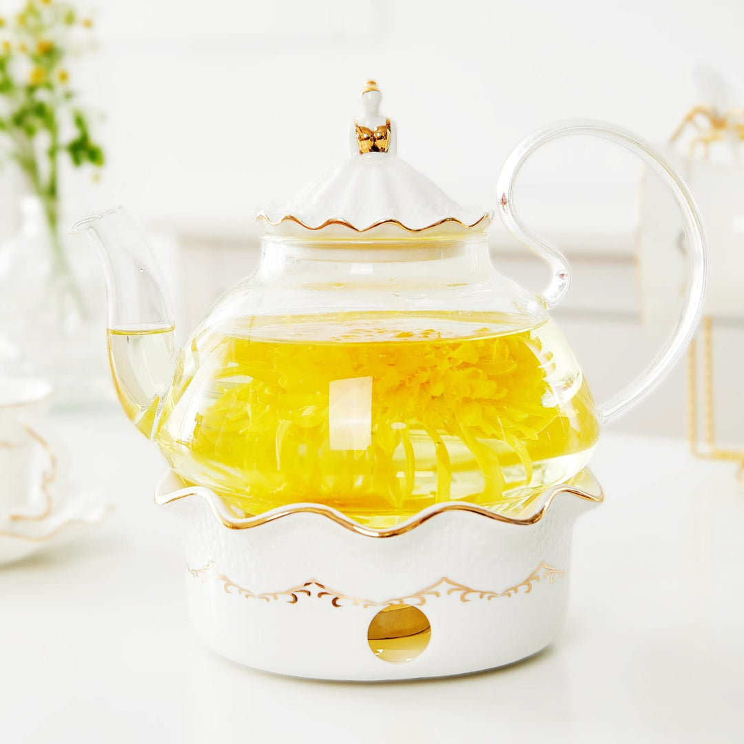 DUJUST Teekannen mit Stövchen Set, Luxuriöses Britisches Design mit Reliefdekor und Goldverzierungen