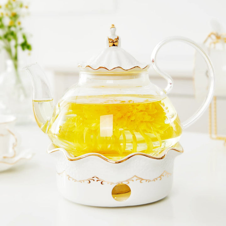 DUJUST Teekannen mit Stövchen Set, Luxuriöses Britisches Design mit Reliefdekor und Goldverzierungen
