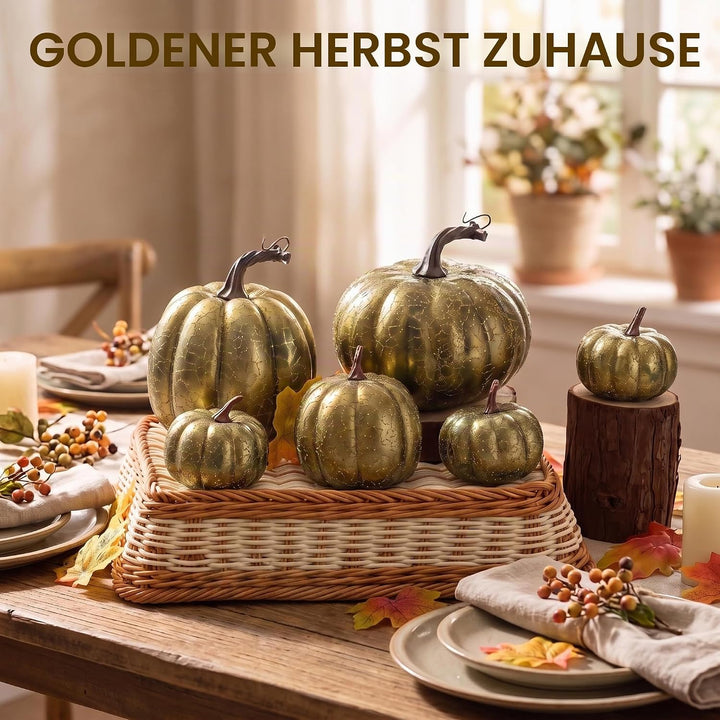 6 Stück Kürbis Deko Herbst,Künstlicher Kürbisse für Halloween Gold, Gold
