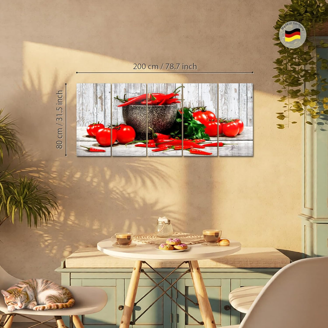 Runa Art Wandbild XXL Küche - Gemüse Esszimmer Küchenbilder 200 x 80 cm Weiss Rot 5 Teilig - Made in
