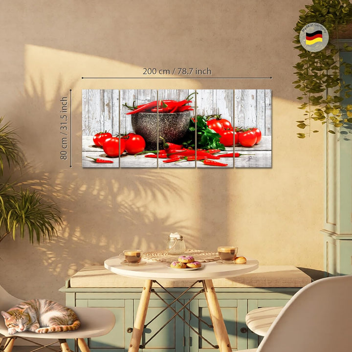 Runa Art Wandbild XXL Küche - Gemüse Esszimmer Küchenbilder 200 x 80 cm Weiss Rot 5 Teilig - Made in