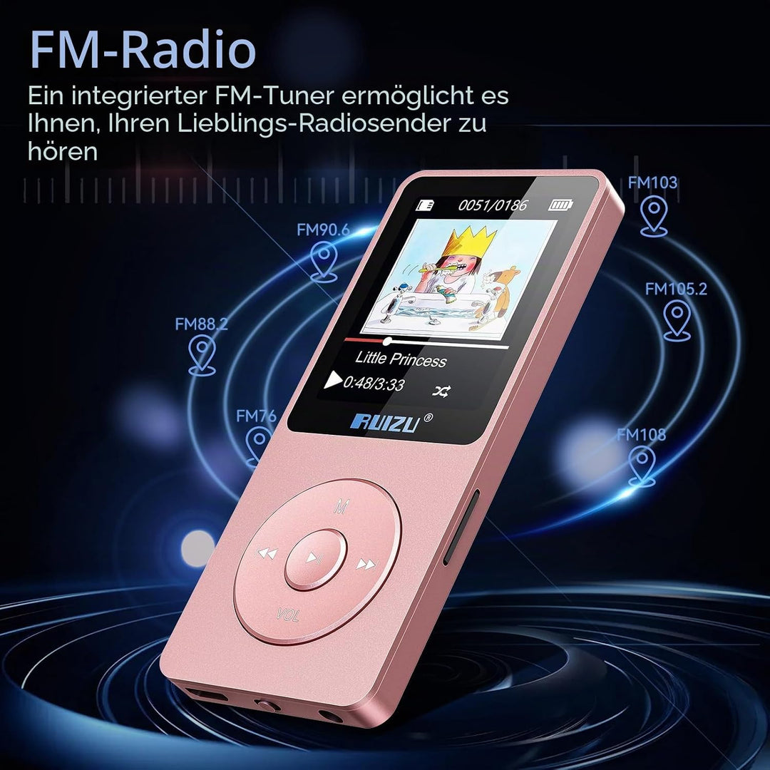 32GB MP3 Player mit Bluetooth 5.3, Ultraleicht (30 Gramm), bis zu 80 Stunden Akkulaufzeit, 1.8-Zoll-