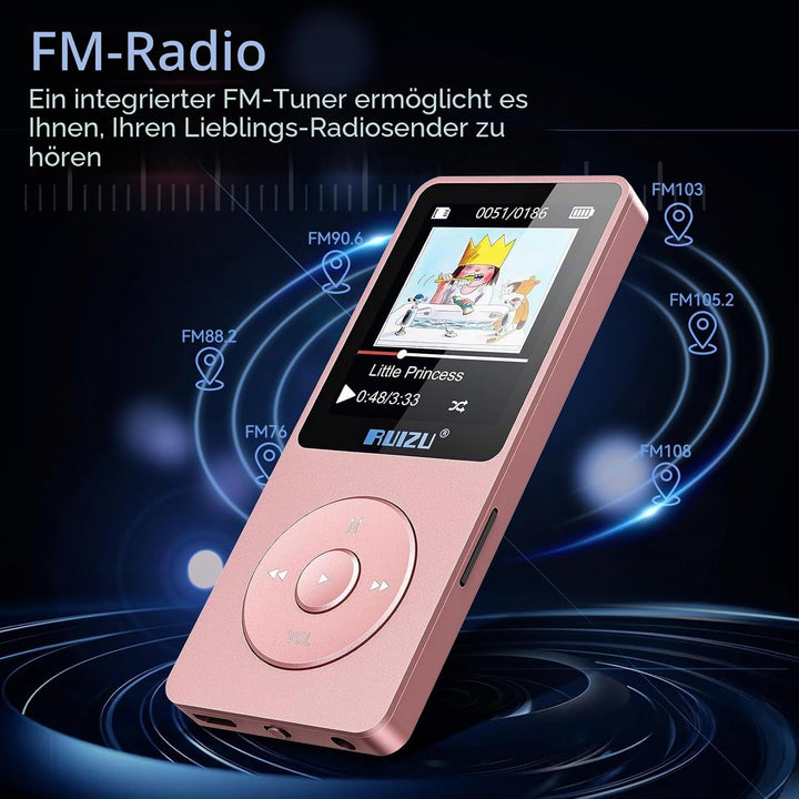 32GB MP3 Player mit Bluetooth 5.3, Ultraleicht (30 Gramm), bis zu 80 Stunden Akkulaufzeit, 1.8-Zoll-