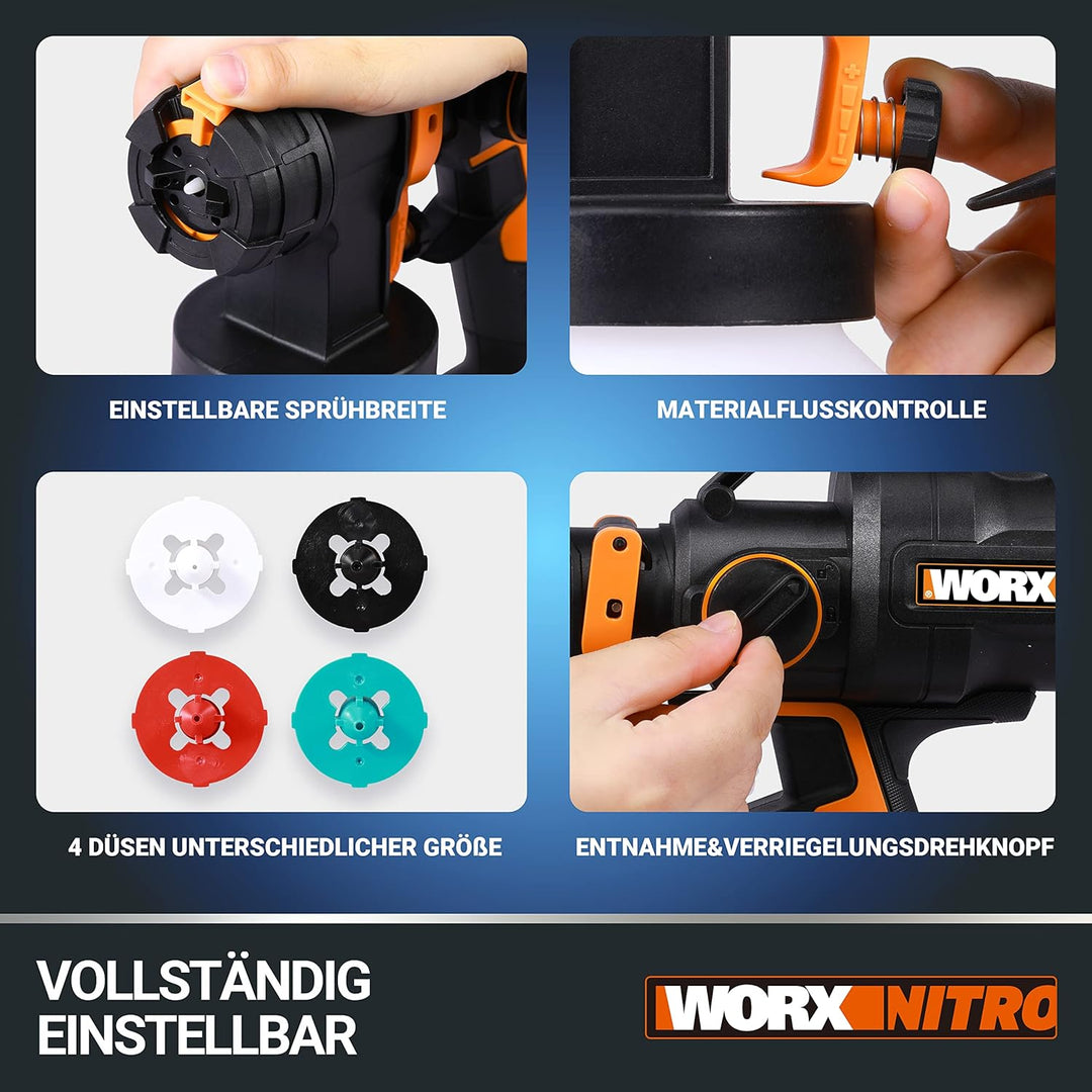 WORX WX020 Nitro Akku-Farbsprühsystem 20V - leistungsstark bürstenloser Motor - 3 Sprühform &amp; 4 Düse