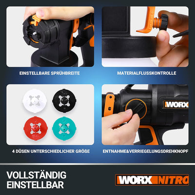 WORX WX020 Nitro Akku-Farbsprühsystem 20V - leistungsstark bürstenloser Motor - 3 Sprühform & 4 Düse