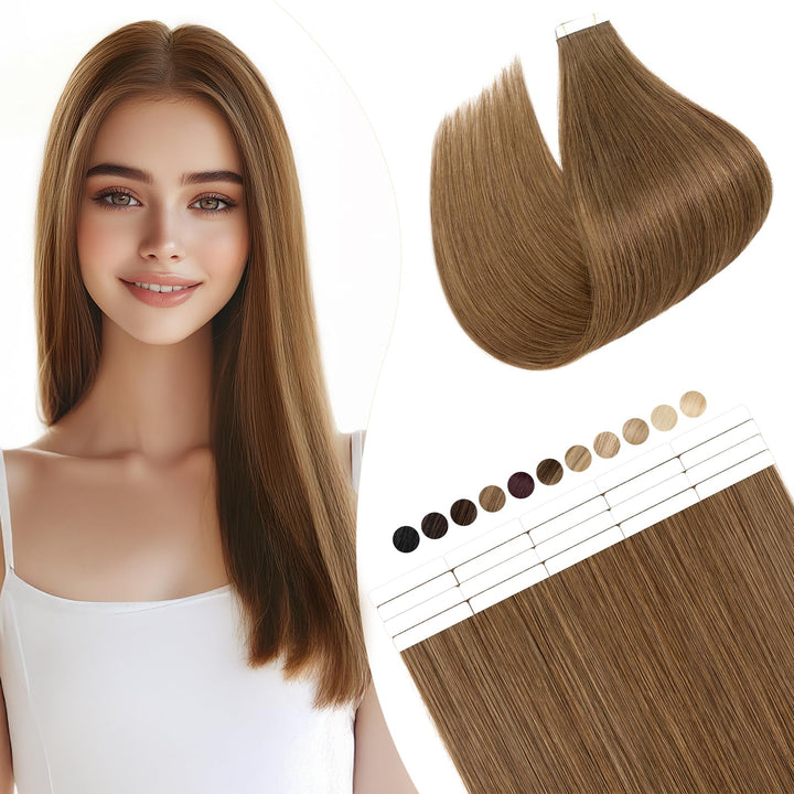 Elailite Echthaar Extensions Tape in 20 Stück Kleberband #4A Schokoladenbraun, 40cm Haarverlängerung
