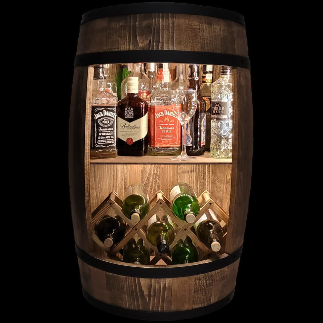 weeco Fassbar mit LED Beleuchtung und Weinhalter. Weinregal - Holzfass Hausbar 80cm. Rustikaler deko