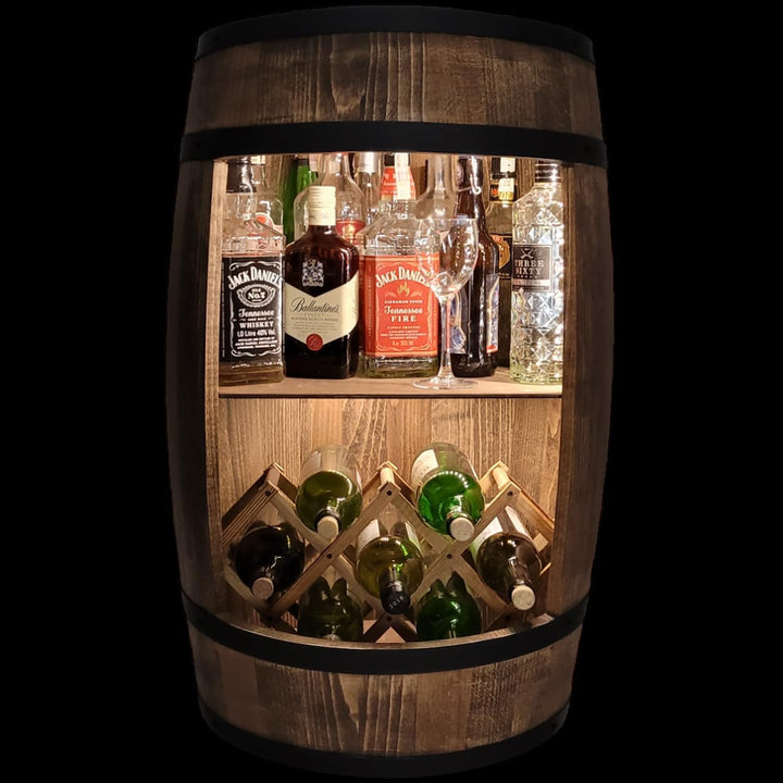 weeco Fassbar mit LED Beleuchtung und Weinhalter. Weinregal - Holzfass Hausbar 80cm. Rustikaler deko