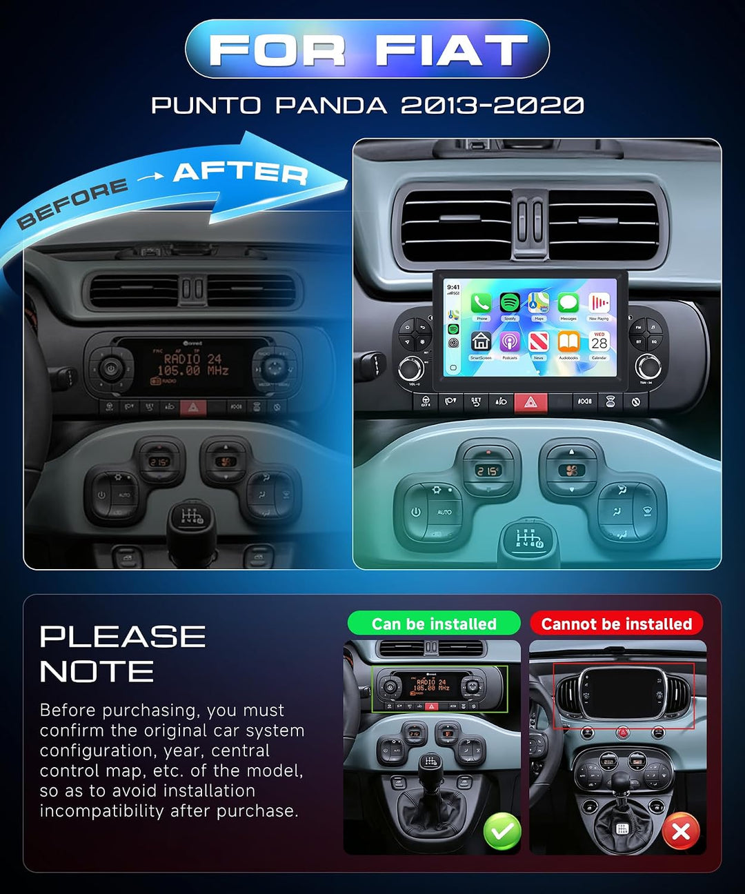 4GB+64GB Autoradio für FIAT Panda 2013-2020 mit Carplay Android Auto, 7 Zoll Bildschirm Car Stereo m