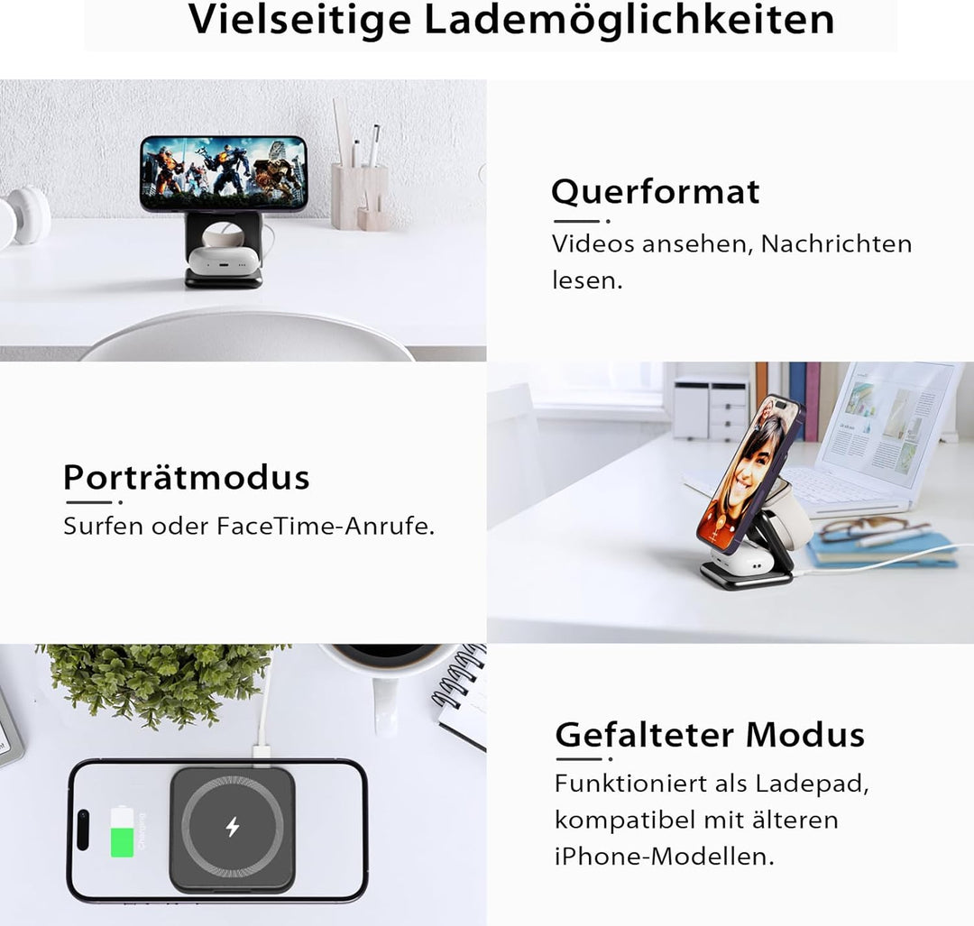 KU XIU X40 Induktive Ladestation 3 in 1 – Magnetisches Kabelloses Ladegerät, Faltbares Reiseladegerä