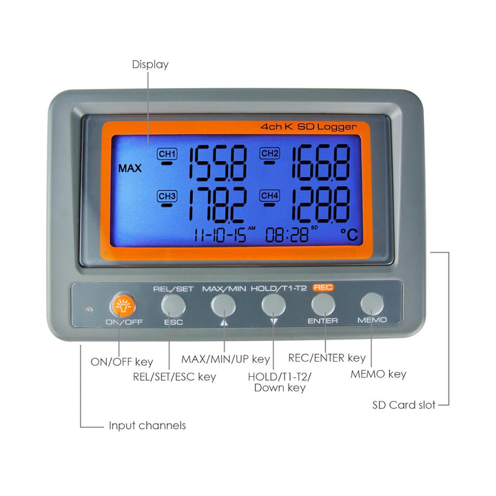Gain Express 4 Kanäle K-Typ Thermoelement Temperatur-Datenlogger Recorder mit SD-Karte, hohe Genauig