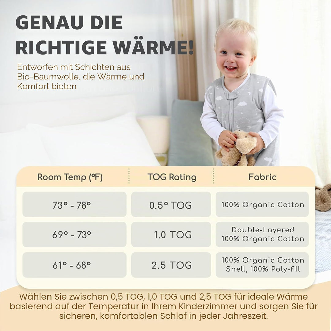Mama Cheetah Baby Schlafsack mit Füsse 1.0 TOG, Ganzjahres Schlafsack, Bio-Baumwolle Baby Schlafsäck