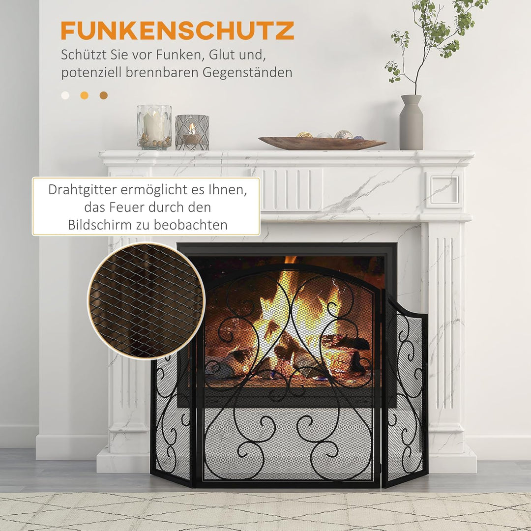 HOMCOM Kamingitter, Klappbares Kaminschutzgitter, Ofenschutzgitter mit 3 Paneelen, Funkenschutzgitte