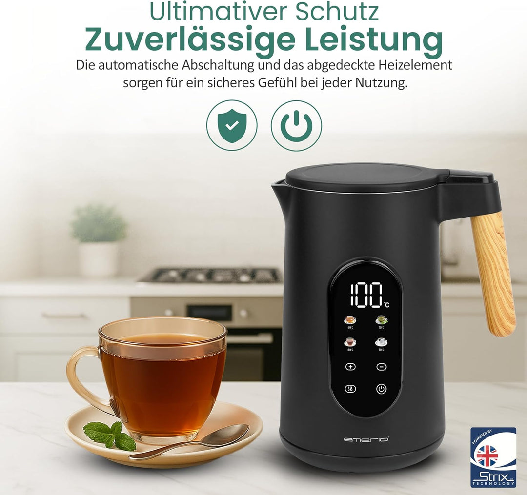 EMERIO Wasserkocher Edelstahl 1.7L | isolierte Doppelwand | Temperaturwahl 40-100°C in 5°C Schritten