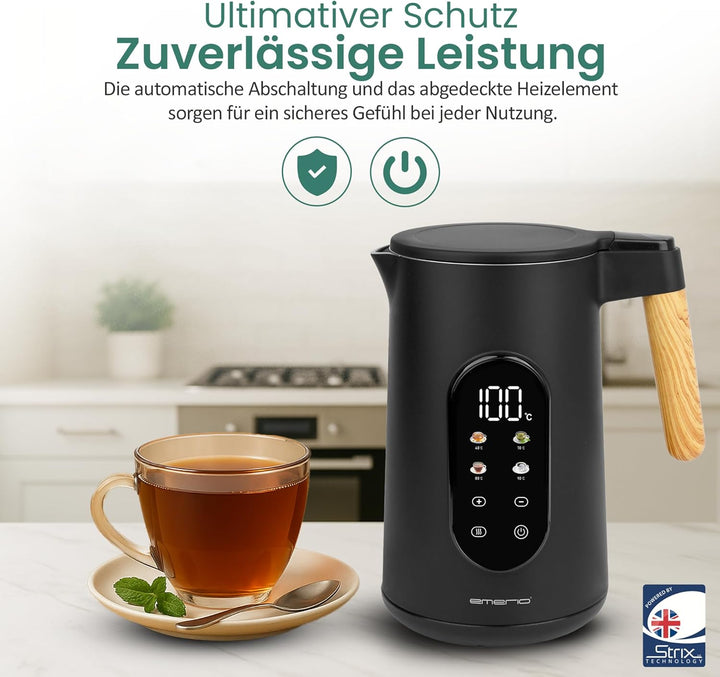 EMERIO Wasserkocher Edelstahl 1.7L | isolierte Doppelwand | Temperaturwahl 40-100°C in 5°C Schritten