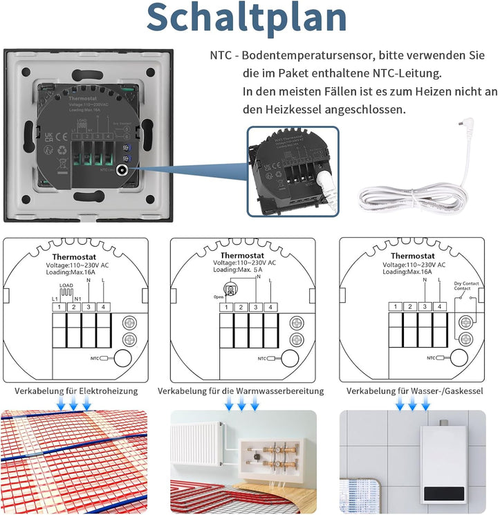 CNBINGO Digitaler Raumthermostat Unterputz mit Fühler, Thermostat für Wasser Fussbodenheizungen und