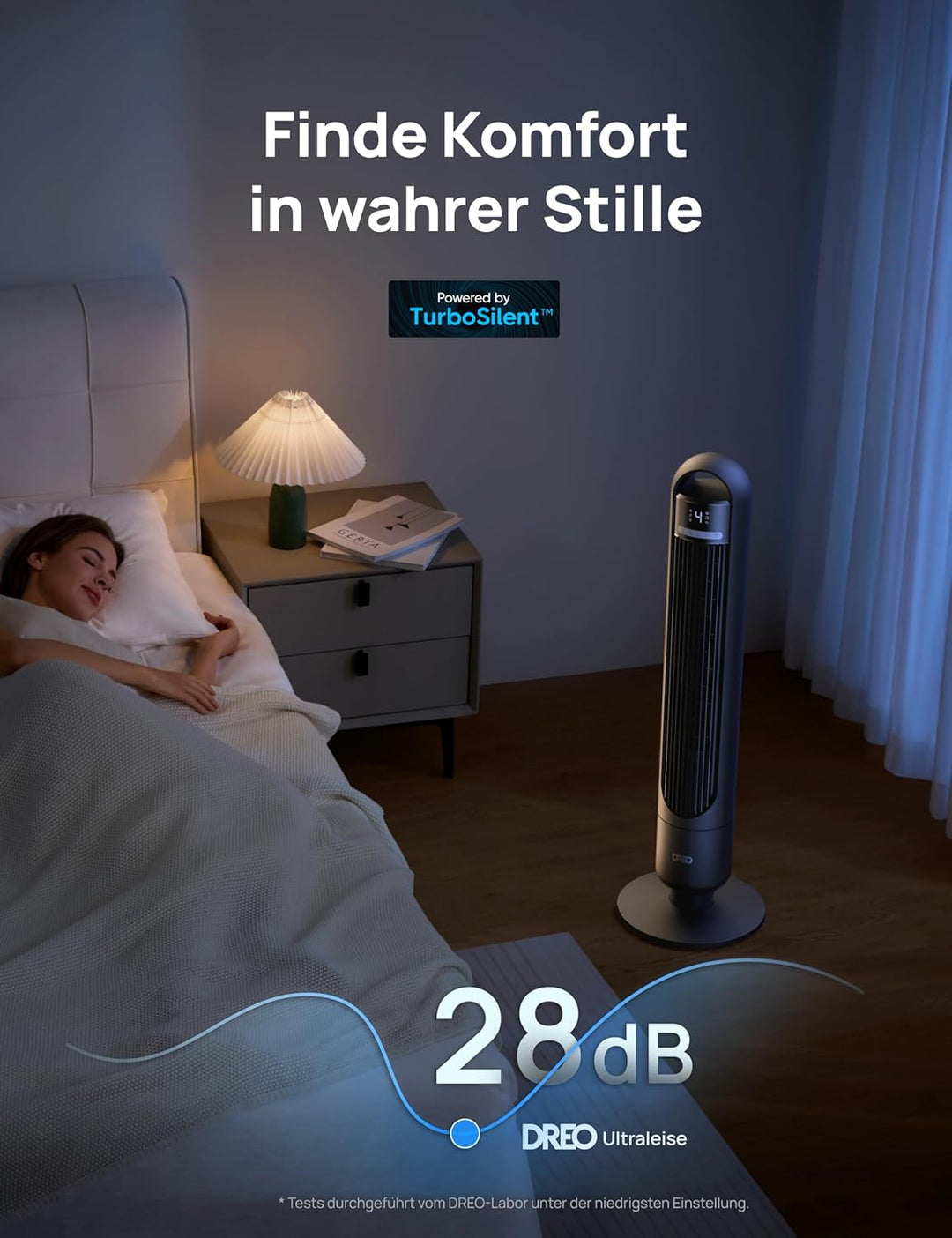Dreo 23dB Leiser Turmventilator, Fernbedienung für Schlafzimmer, Tower Fan mit 4 Geschwindigkeiten,