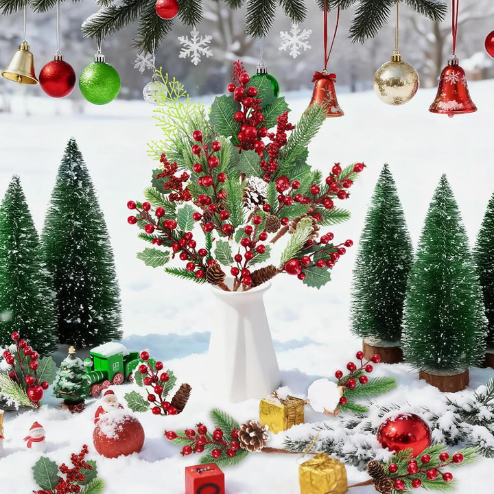 Morofme 12 Stück Künstliche Tannenzweige mit Rote Beeren Deko, Weihnachtszweige mit Tannenzapfen, Ba