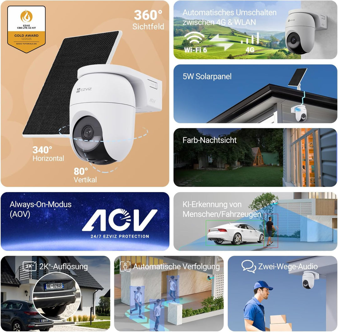 EZVIZ 4G LTE Überwachungskamera ohne WLAN, 360° PTZ Überwachung, 4MP Kamera Aussen Akku, Farbnachtsi