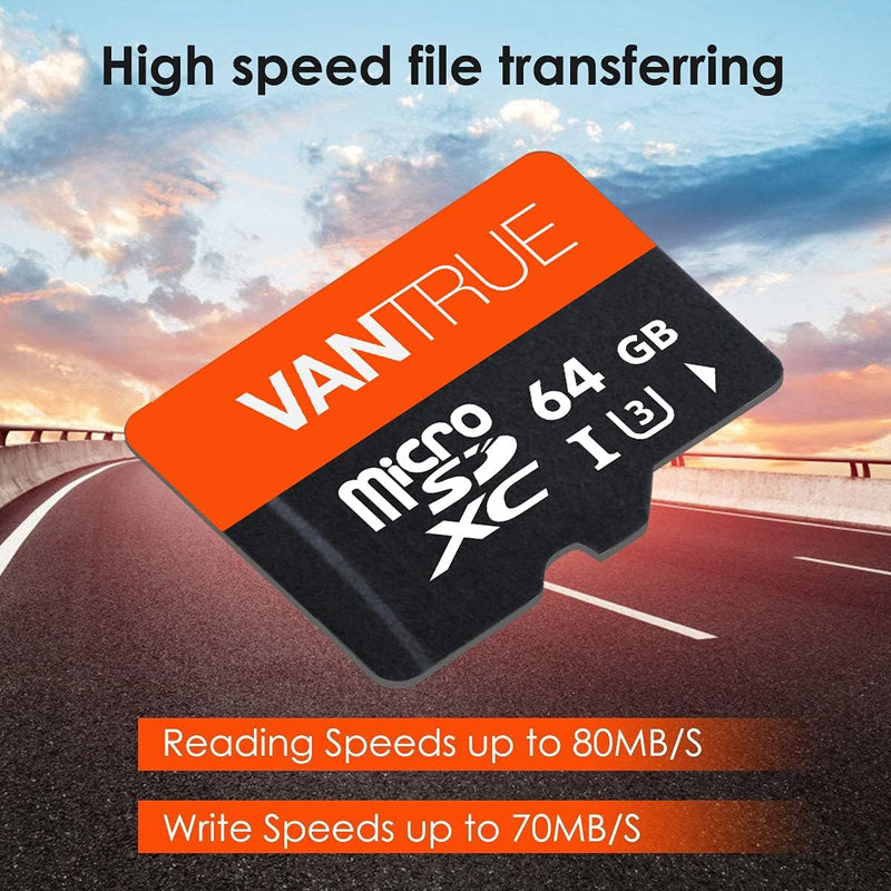 VANTRUE 64GB microSD Speicherkarte, UHS-I U3 4K, inkl. Adapter, Kompatibel mit Dashcam, Smartphone,