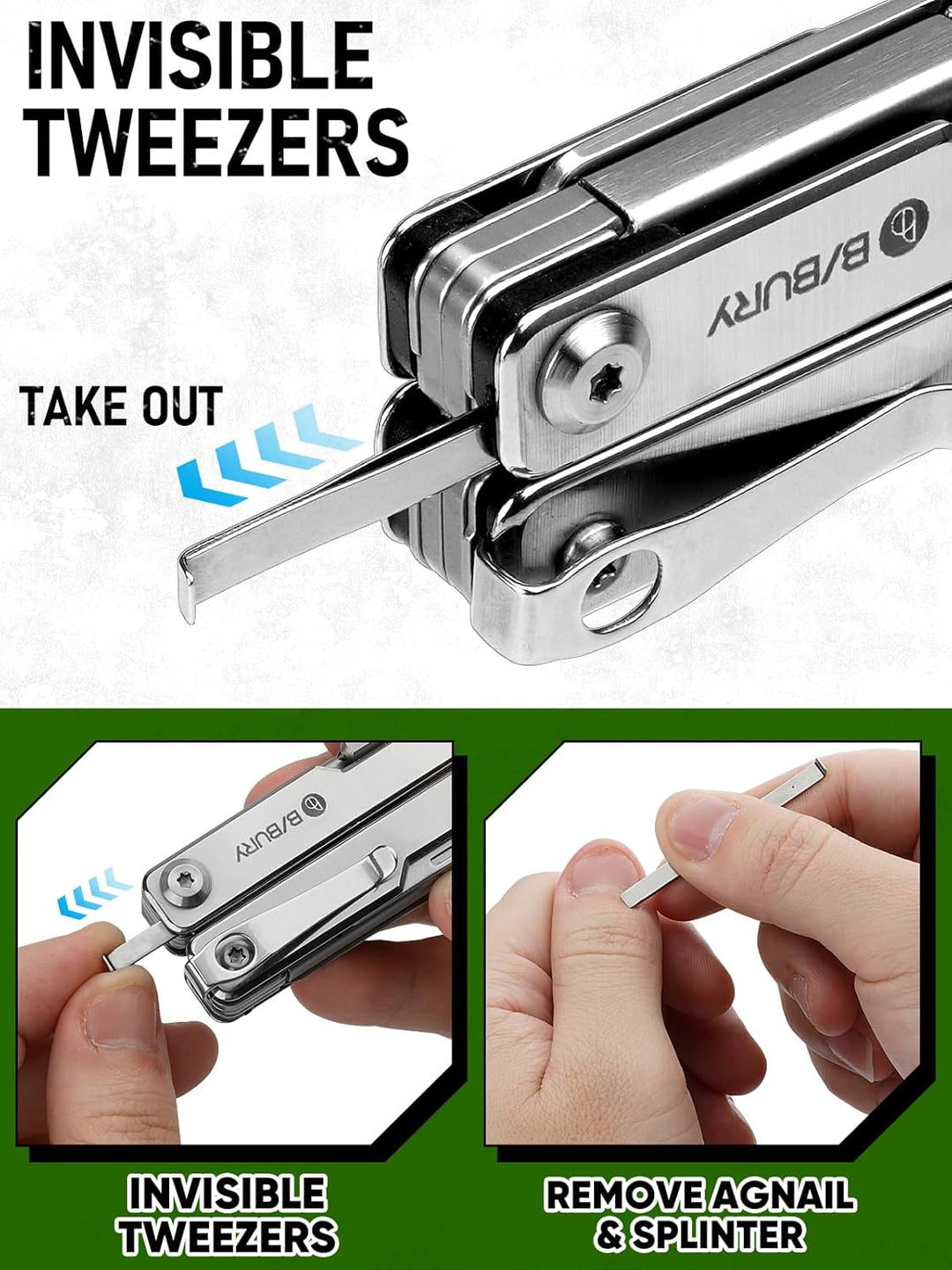 BIBURY Mini Multitool Zange Mit Unsichtbare Pinzette, 10 in 1 EDC Multi Tool Mit Glasbrecher Rückenc
