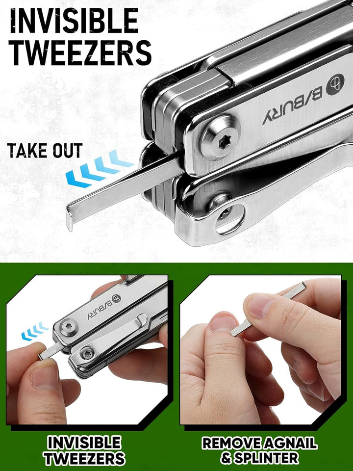 BIBURY Mini Multitool Zange Mit Unsichtbare Pinzette, 10 in 1 EDC Multi Tool Mit Glasbrecher Rückenc