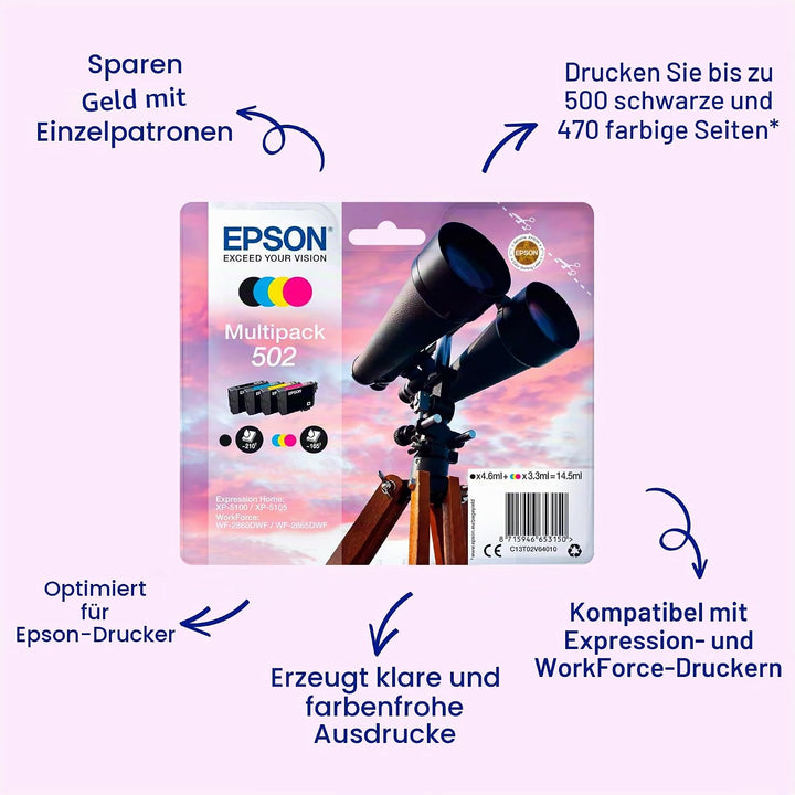 Epson Original 502 Tinte Fernglas Multipack 4-farbig Standard, XP-5100 XP-5105 XP-5150 XP-5155 WF-28