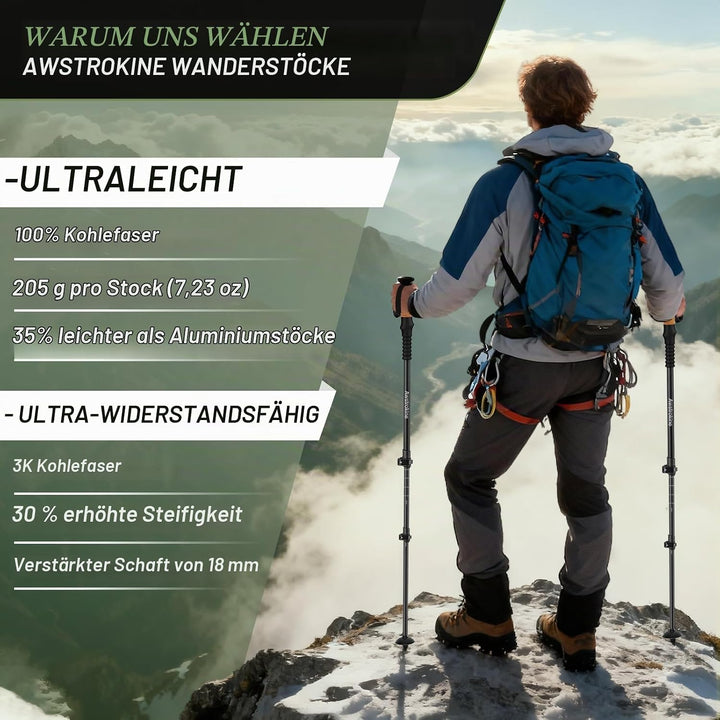 3K Carbonfaser Teleskop-Wanderstöcke, Trekkingstöcke mit Korkgriffen und Schnellverschluss, inkl. Al