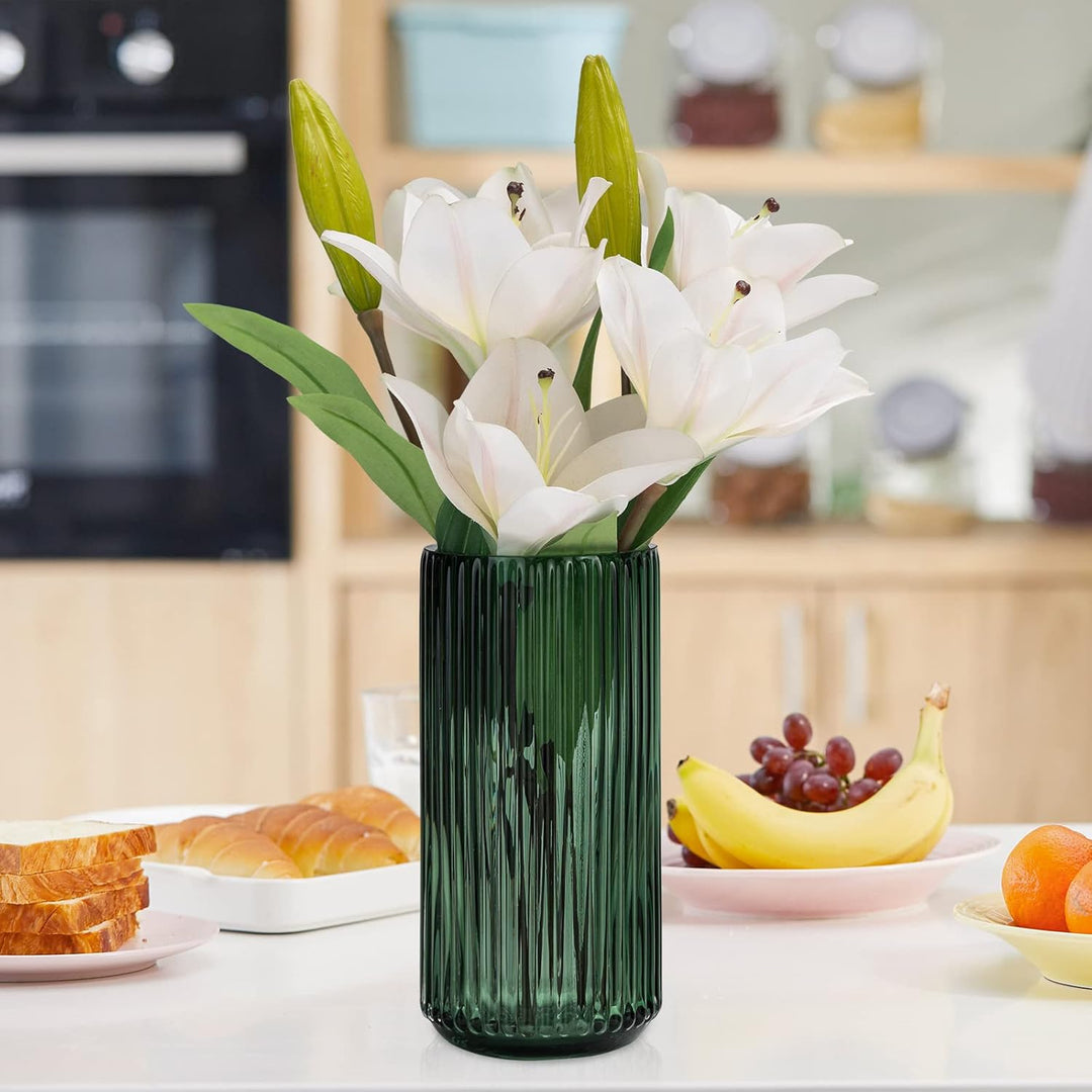 TIMEFOTO Blumenvase, 24.6 cm, grün, verdickt, handblasbare Glasvase, runde Vintage-gestreifte Flasch