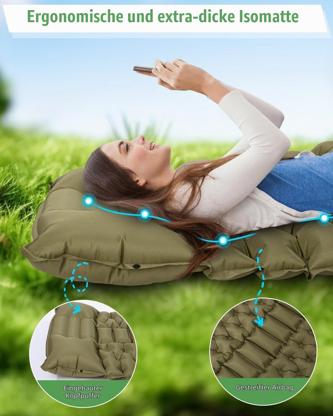Isomatte Selbstaufblasend, 10cm Dicke Luftmatratze Camping mit Fusspressepumpe und Kissen, Anti-Rips
