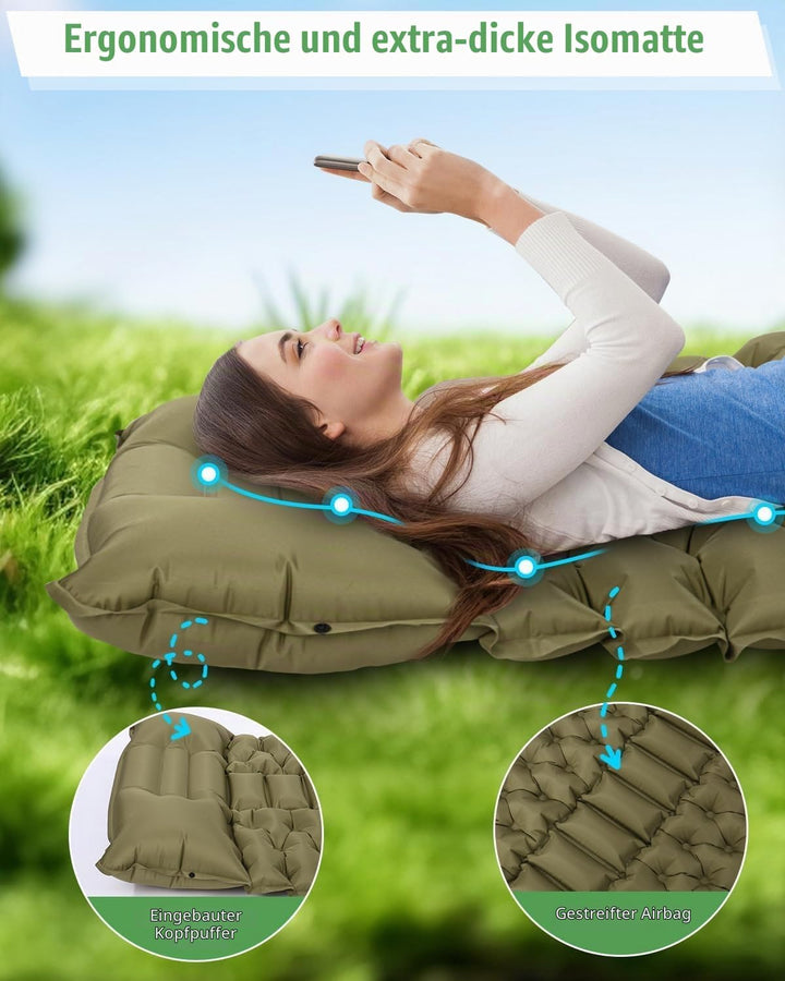 Isomatte Selbstaufblasend, 10cm Dicke Luftmatratze Camping mit Fusspressepumpe und Kissen, Anti-Rips