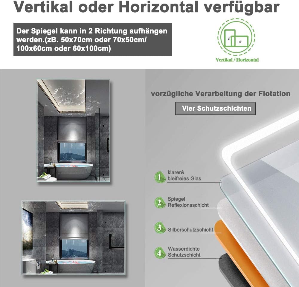 Aica Sanitär Wandspiegel 60×80cm Wandschalter Antibeschlag Badspiegel mit Beleuchtung Lichtspiegel B