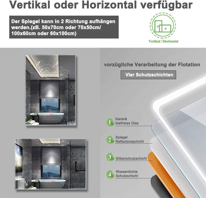 Aica Sanitär LED Spiegel 100×60cm Badspiegel mit Beleuchtung Lichtspiegel Badezimmerspiegel Wandspie