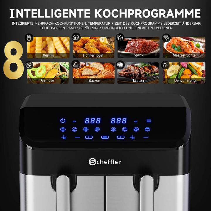 Scheffler Heissluftfritteuse 2 kammern 9L (2x4.5L), 2000W Airfryer mit 2 Fächer, Doppelkammerh, Dual