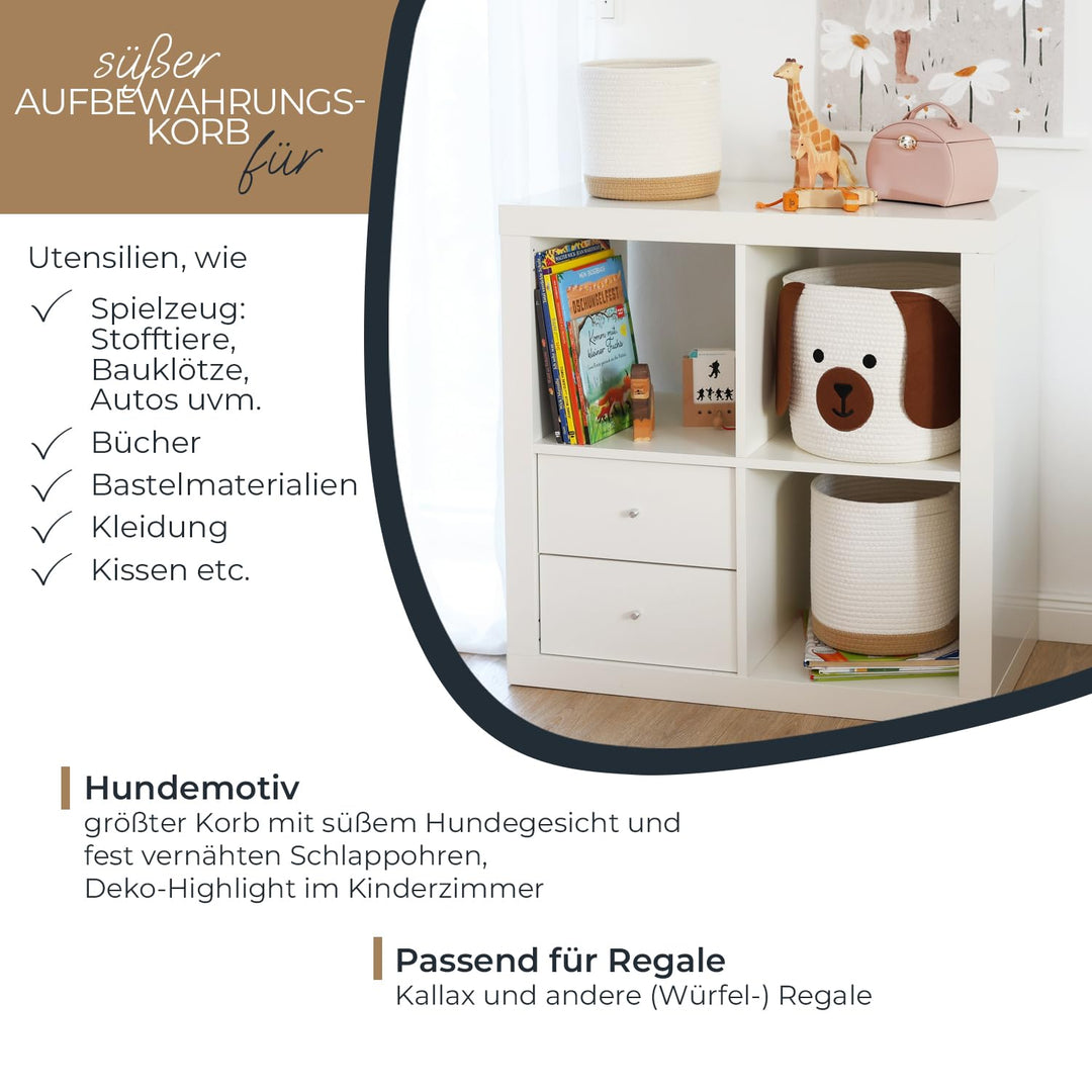 HMF Aufbewahrungskorb mit versteckten Griffen, 3er Set, Korb für Kinderzimmer aus Baumwolle | Hund |