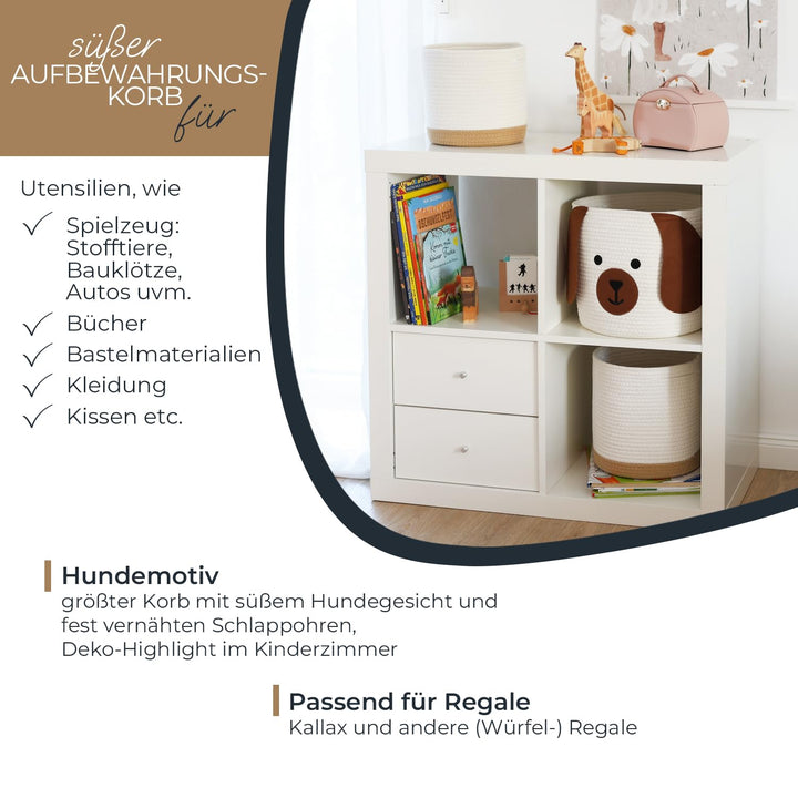HMF Aufbewahrungskorb mit versteckten Griffen, 3er Set, Korb für Kinderzimmer aus Baumwolle | Hund |