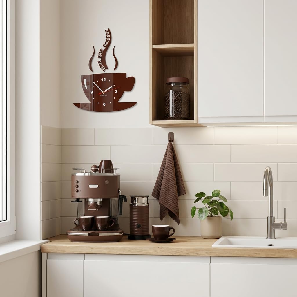 TASSE Time for Coffee (Zeit für Kaffee) Moderne Küche Wanduhr, Braun, 3d römisch, wanduhr deko, Brau