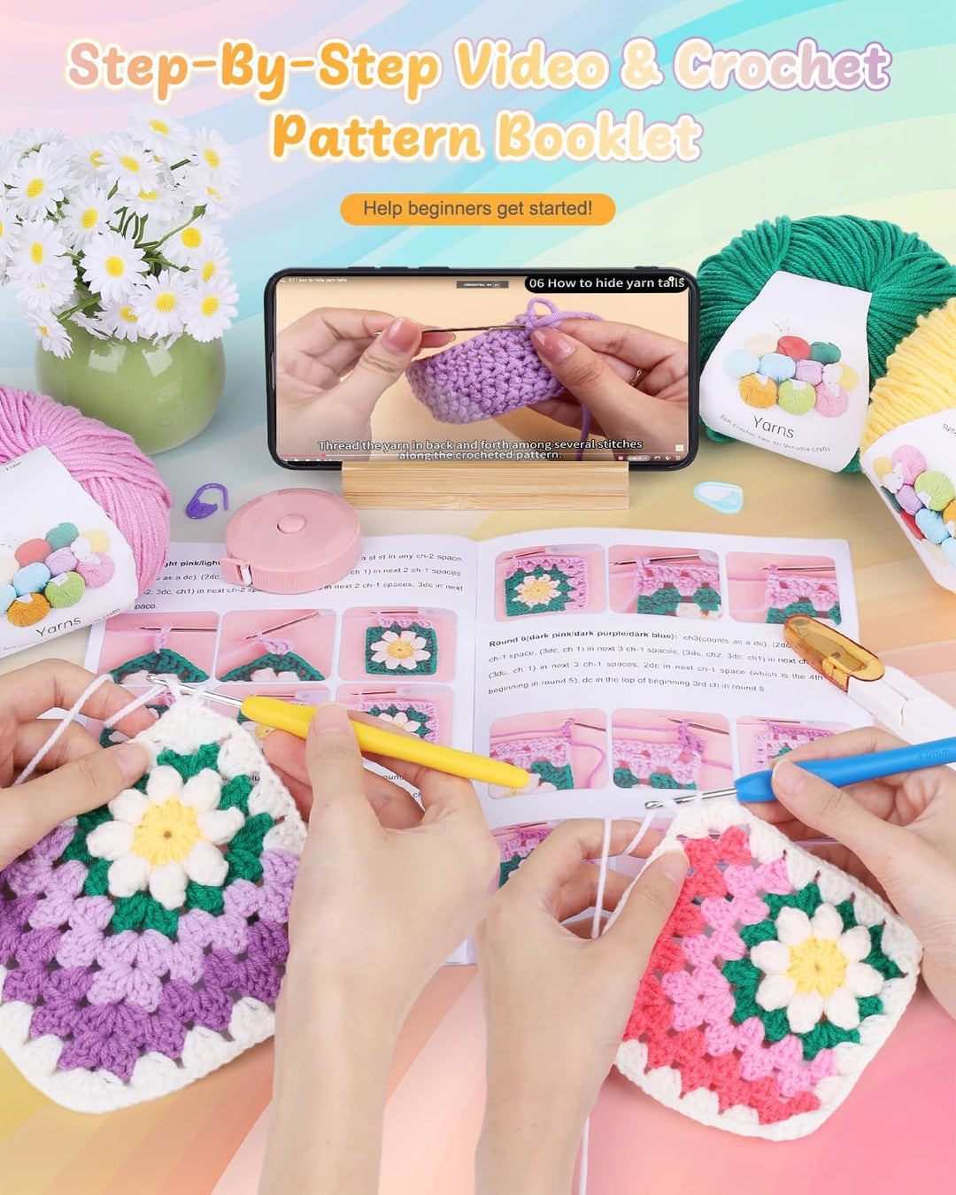 Coopay Granny Square Häkelset für Anfänger, Häkel Set für Gänseblümchen Decke 3D, Komplett Häkelset