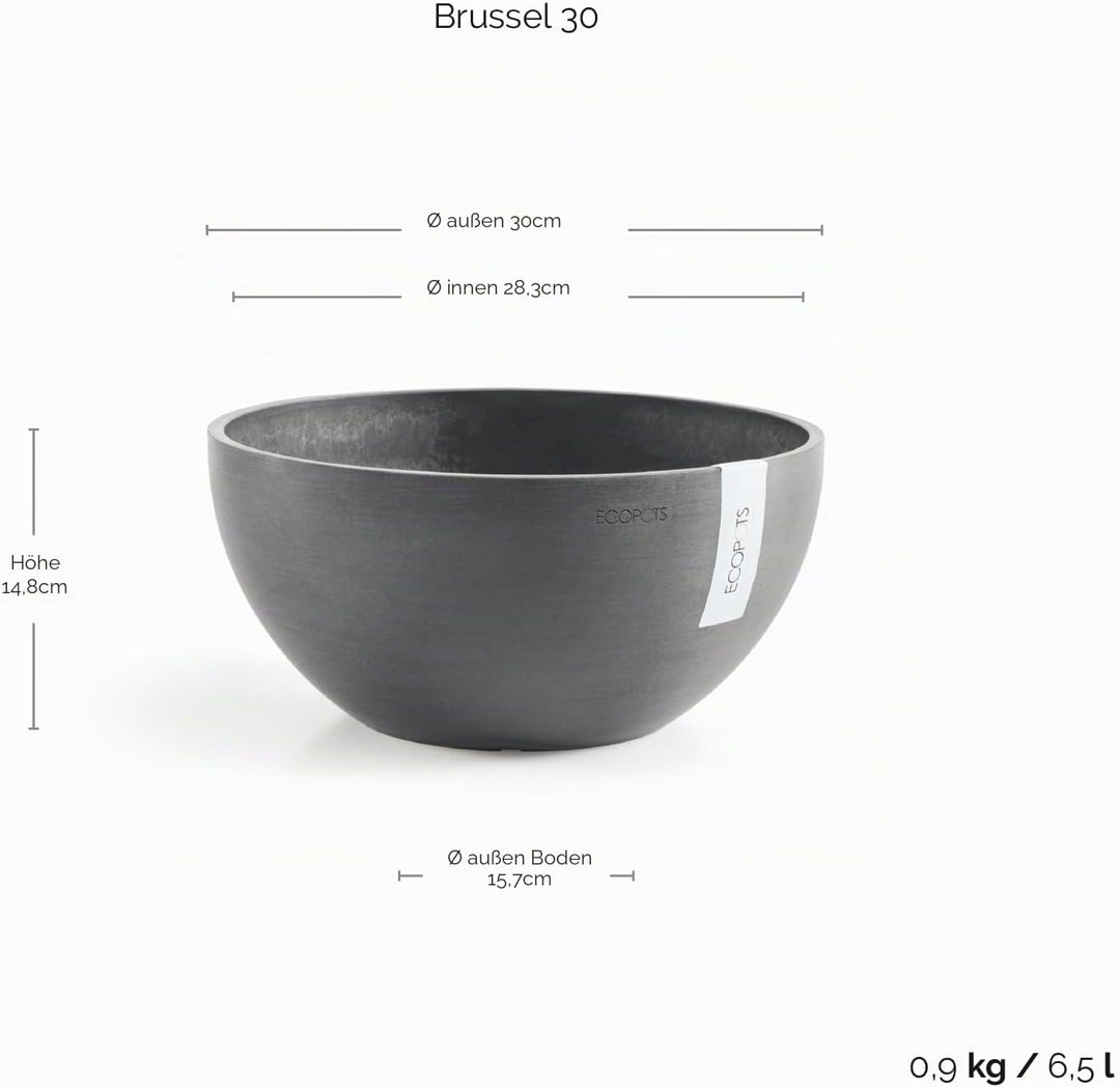 ECOPOTS Pflanzschale Blumentopf Brüssel Grau - Durchmesser Ø 30 cm rund gross - Pflanzentopf aus Rec