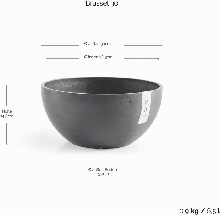 ECOPOTS Pflanzschale Blumentopf Brüssel Grau - Durchmesser Ø 30 cm rund gross - Pflanzentopf aus Rec