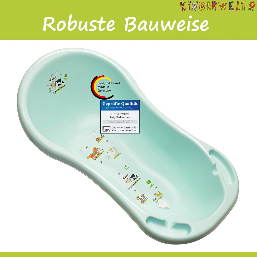 KiNDERWELT Babywanne 100 cm - Baby Badewanne mit Funny Farm Motiv - BPA-Frei - Wanne zum Baden für B
