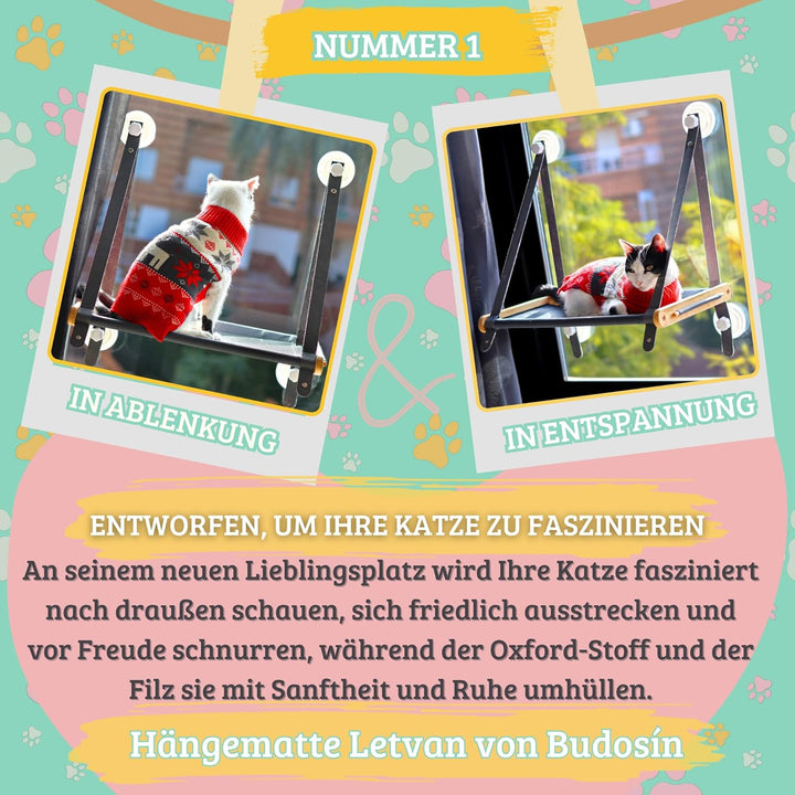 Katzenhängematte/Fensterliege für Katzen aus massivem Bambus–Katzenliege Fenster mit atmungsaktivem